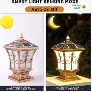 Antique Solar Gate Light illuminated at night for garden and pathway