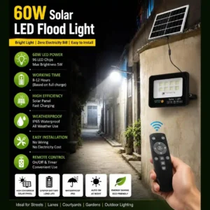 60W solar flood light features: IP65 waterproof, LiFePO4 battery and remote control