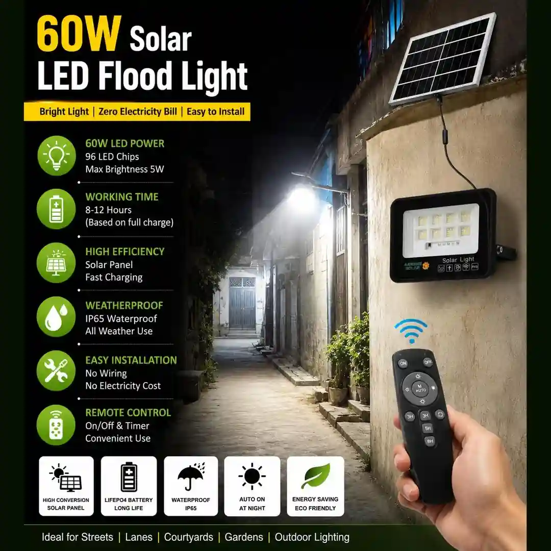 60W solar flood light features: IP65 waterproof, LiFePO4 battery and remote control