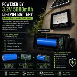 Solar flood light with 3.2V 5000mAh LiFePO4 battery and built-in BMS protection